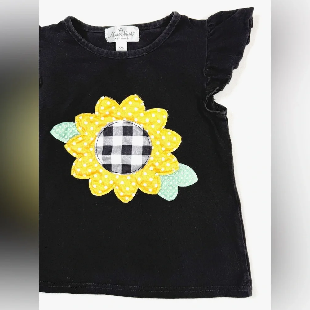 MARIE NICOLE CLOTHING Black Sunflower Applique Cap Sleeve Floral T-Shirt Size‎ 6